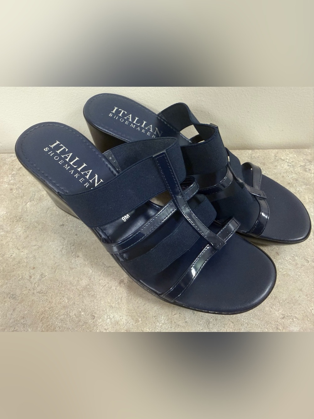 Italian Shoemakers Navy Blue Elastic Wedge Sandals - Size 9M (Like New)